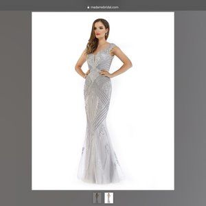 Silver Beaded and Sequined Designer Evening Gown, Size 10, Morrell Maxie, NWT